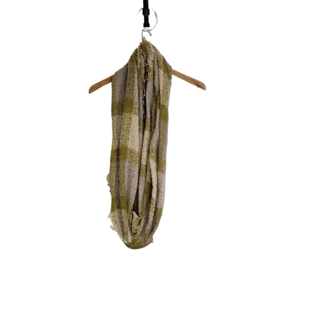 Simply Southern Olive Green Taupe Plaid Boucle Knit Infinity Scarf